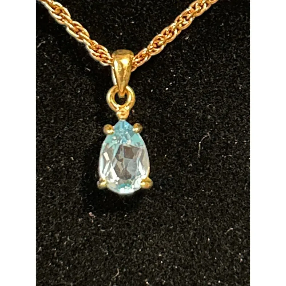 Gold Tone Blue Topaz Teardrop Pendant Necklace 18